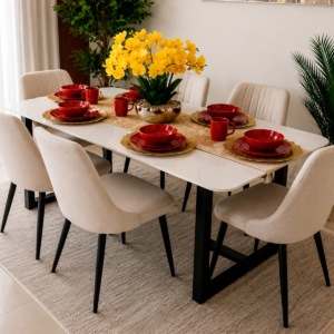 COMEDOR CUADRADO 6 PER MARMOL  METAL PATAS NEGRAS